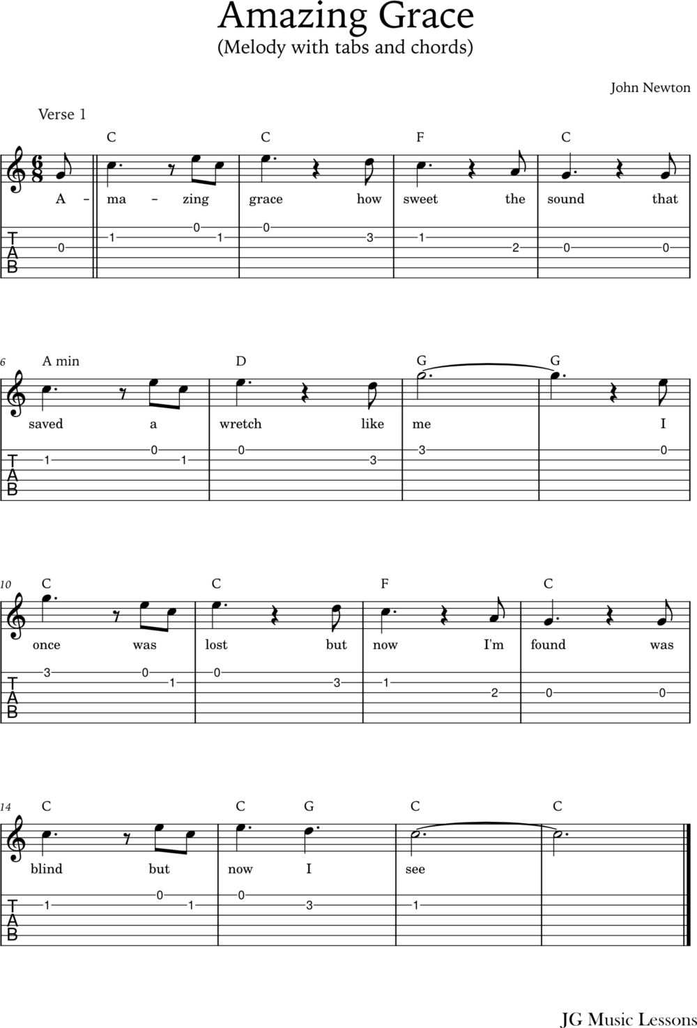 Amazing Grace Chords Melody With Tabs And Arrangement Jg Music Lessons