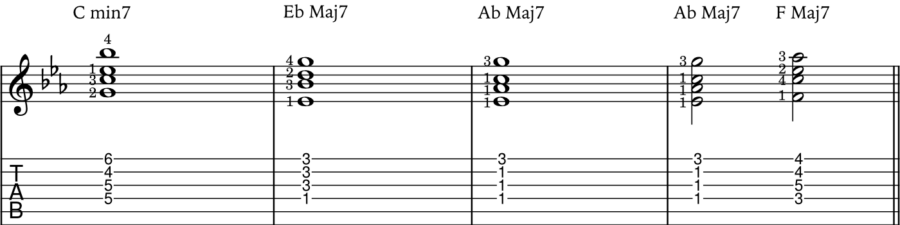 drop 2 chords over a series of different chords application example