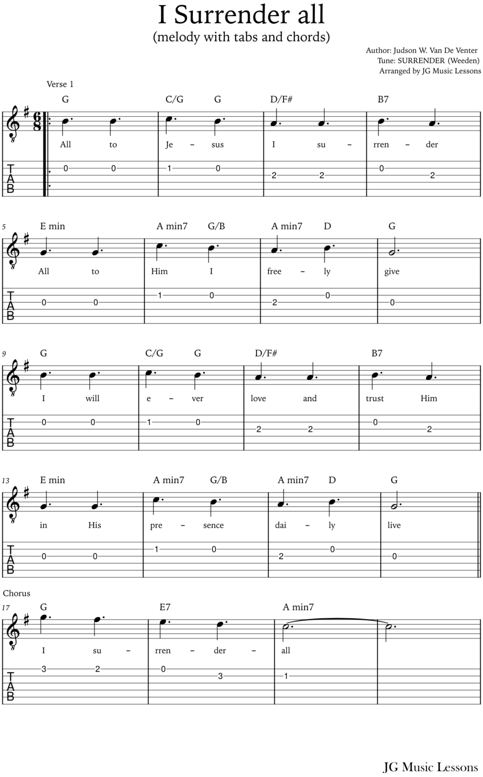 I Surrender All (chords, melody with tabs and arrangement) - JG Music ...