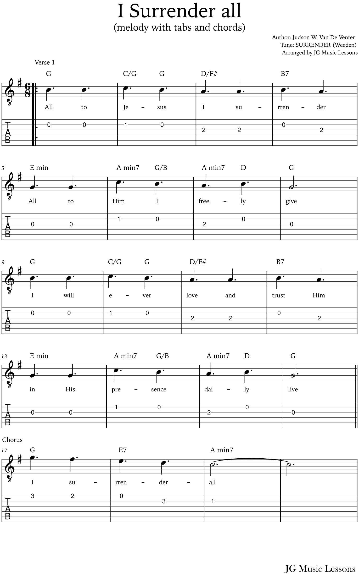 I Surrender All (chords, melody with tabs and arrangement) - JG Music ...