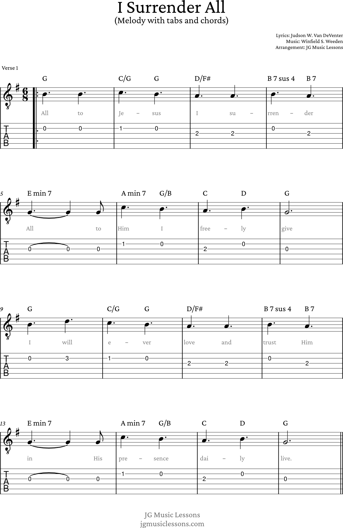 I Surrender all melody with tabs and chords pg 1