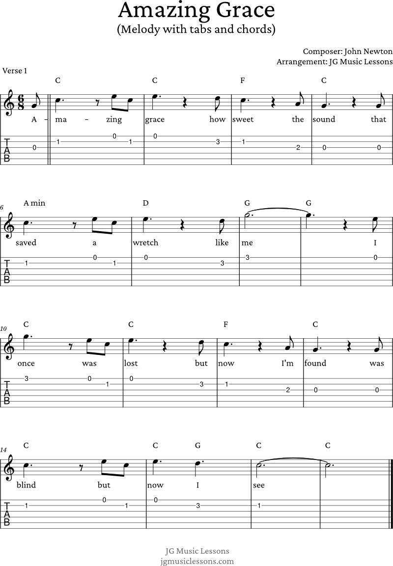 Amazing Grace melody with tabs and chords