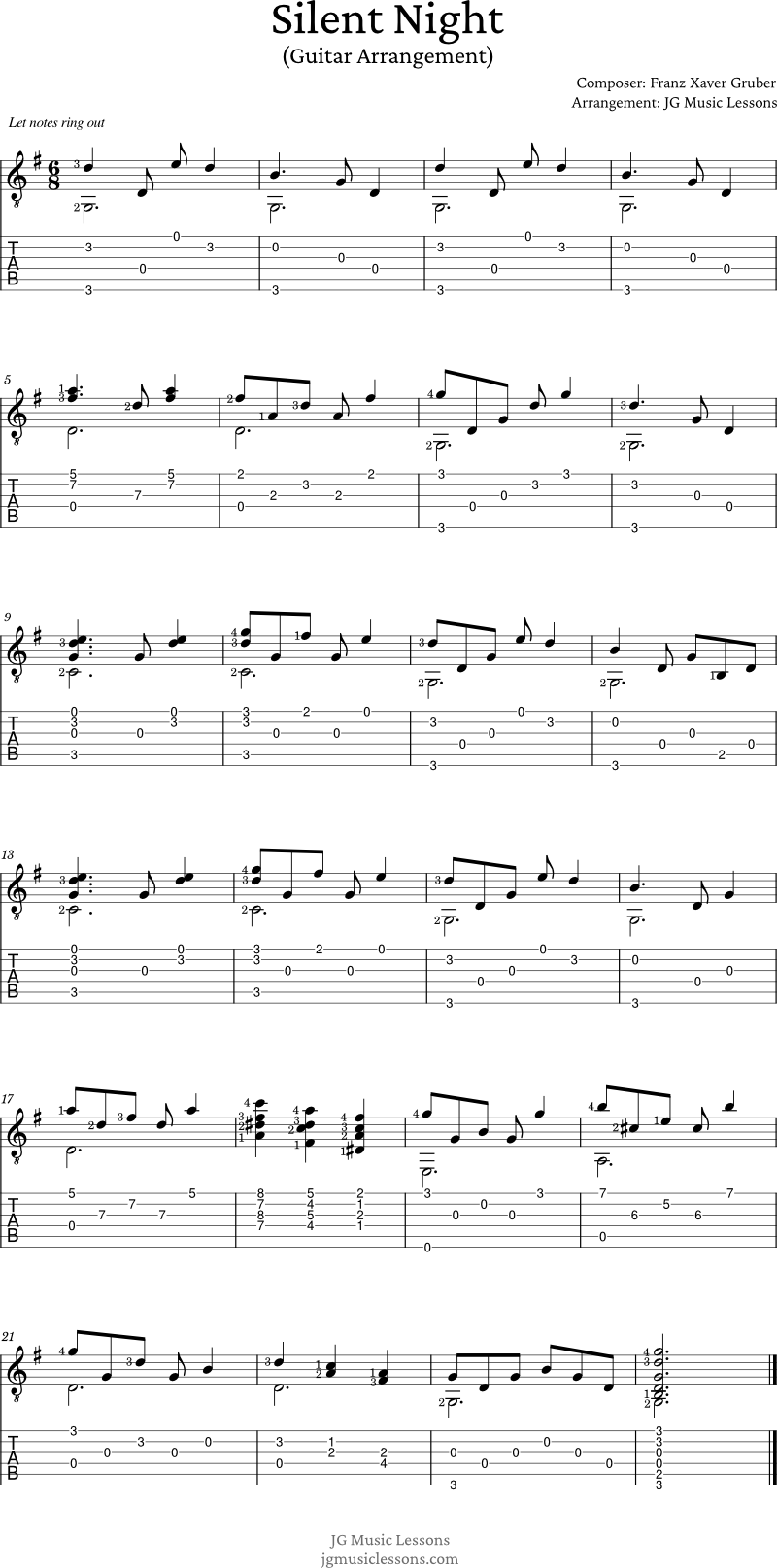 Silent Night guitar arrangement with tabs