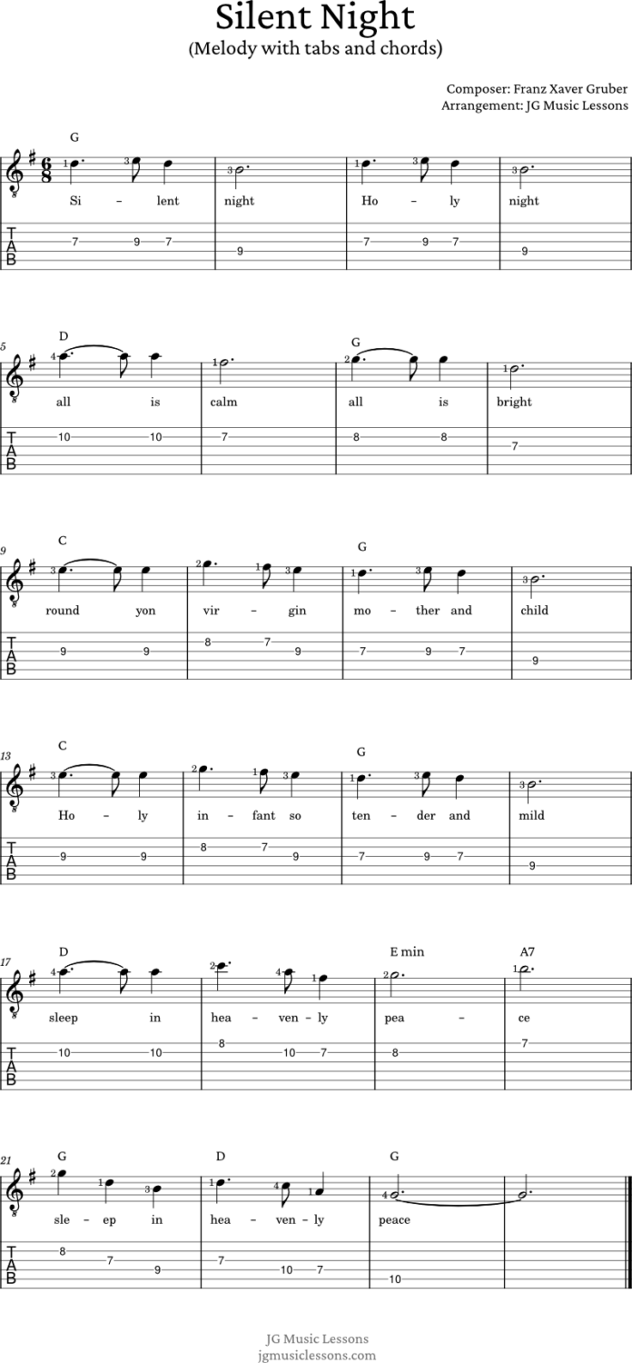 Silent Night Chords Melody With Tabs And Guitar Arrangement Jg Music Lessons