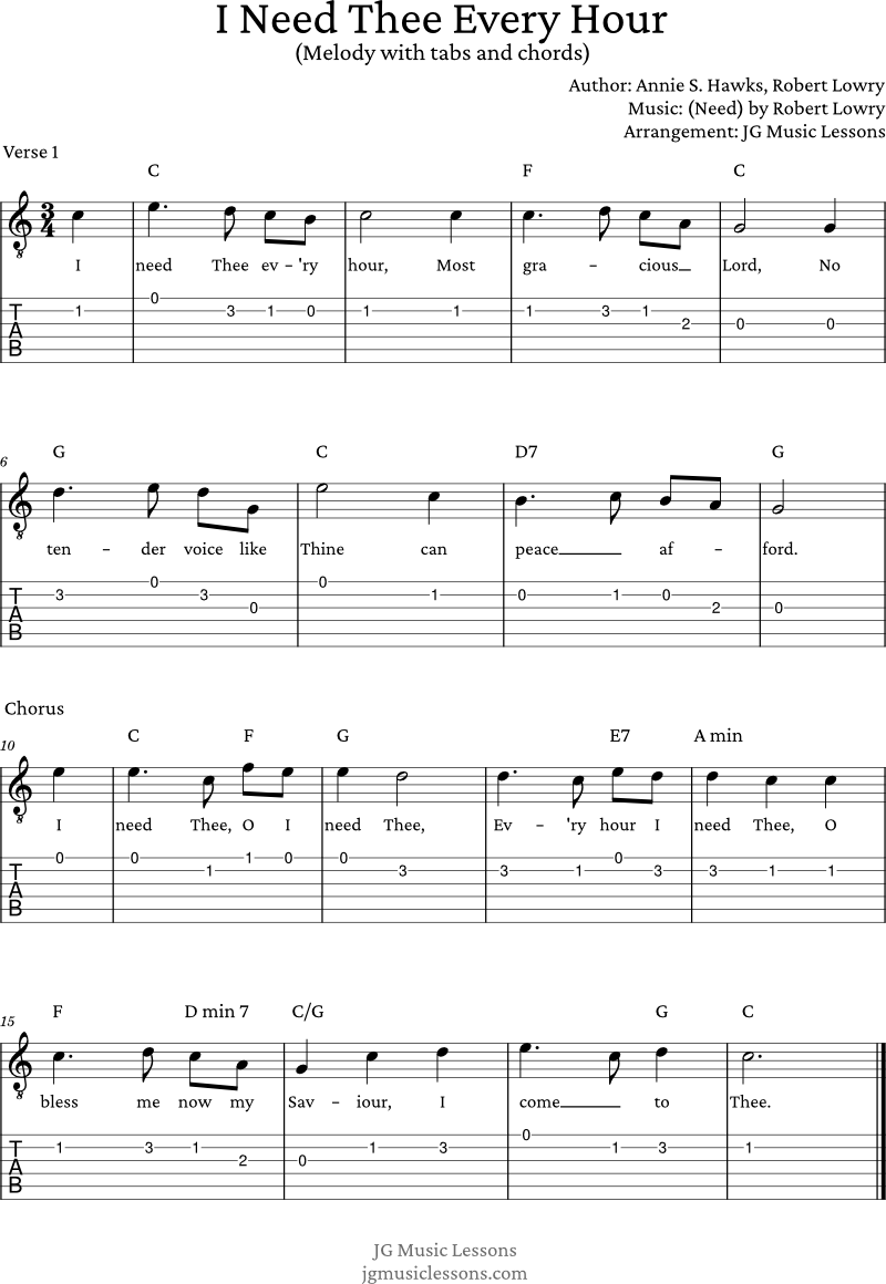 I Need Thee Every Hour - melody and chords with guitar tabs