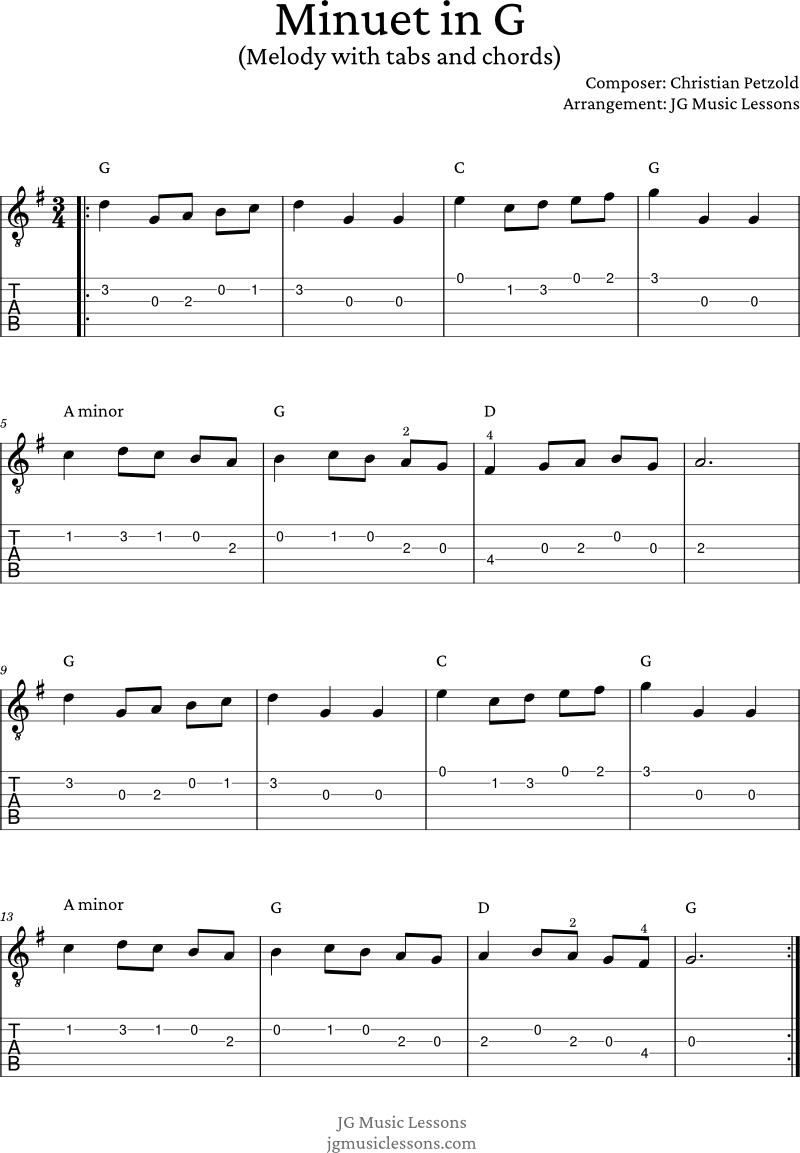 Minuet in G guitar melody with tabs and chords 1