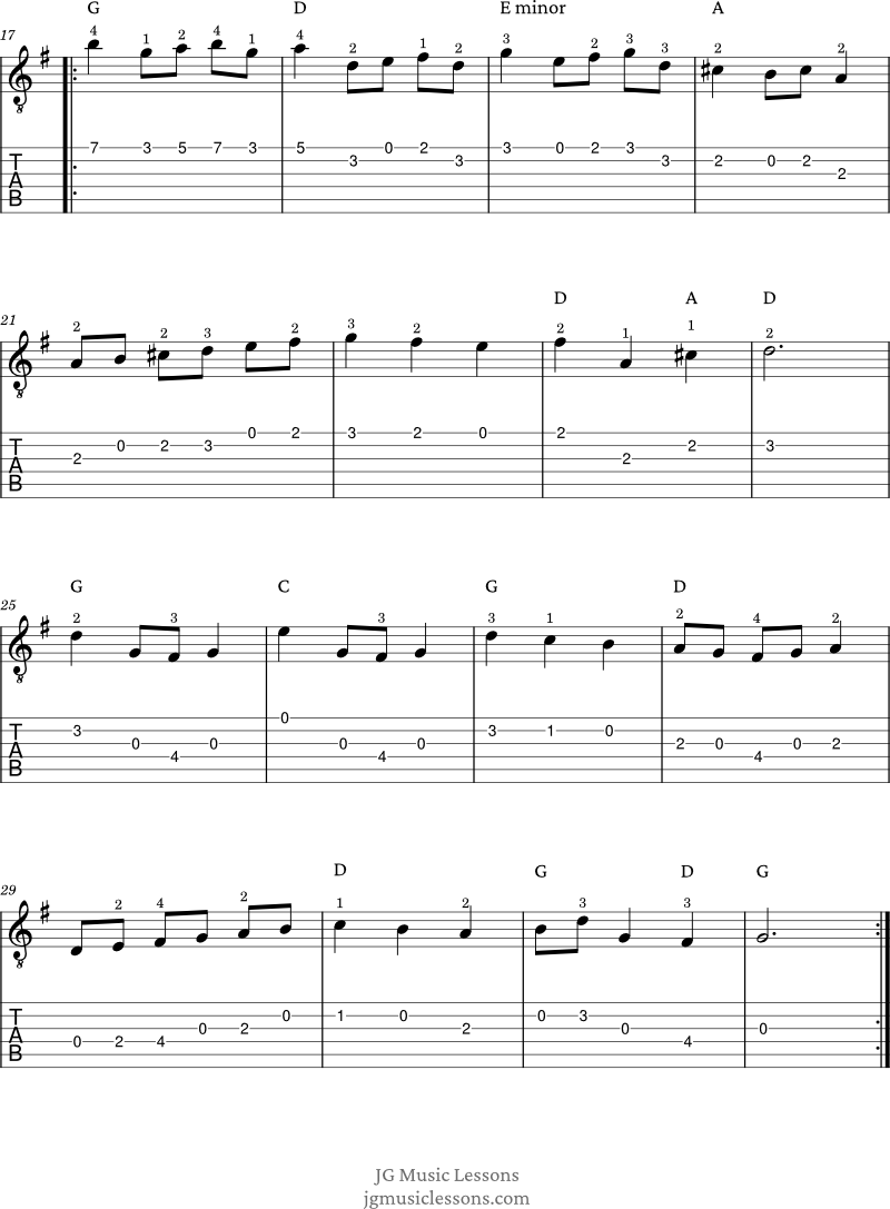 Minuet in G guitar melody with tabs and chords 2