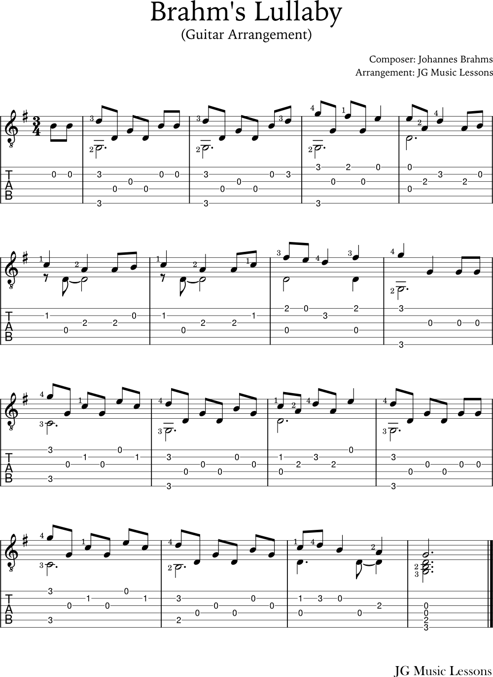 Brahms Lullaby guitar arrangement