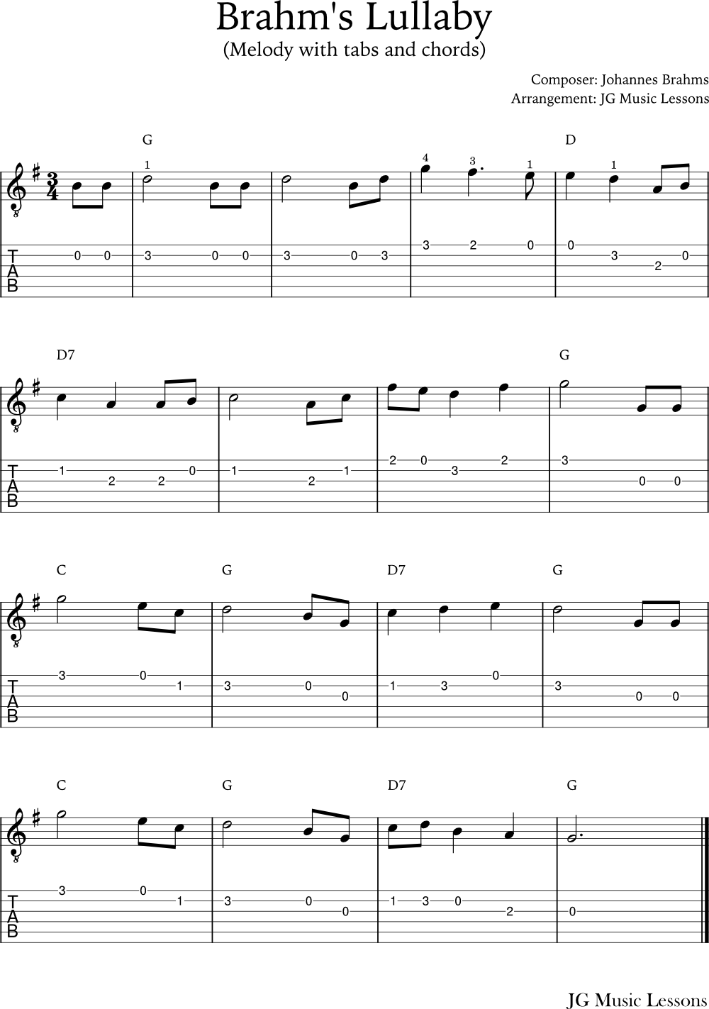 Brahms Lullaby melody with tabs and chords