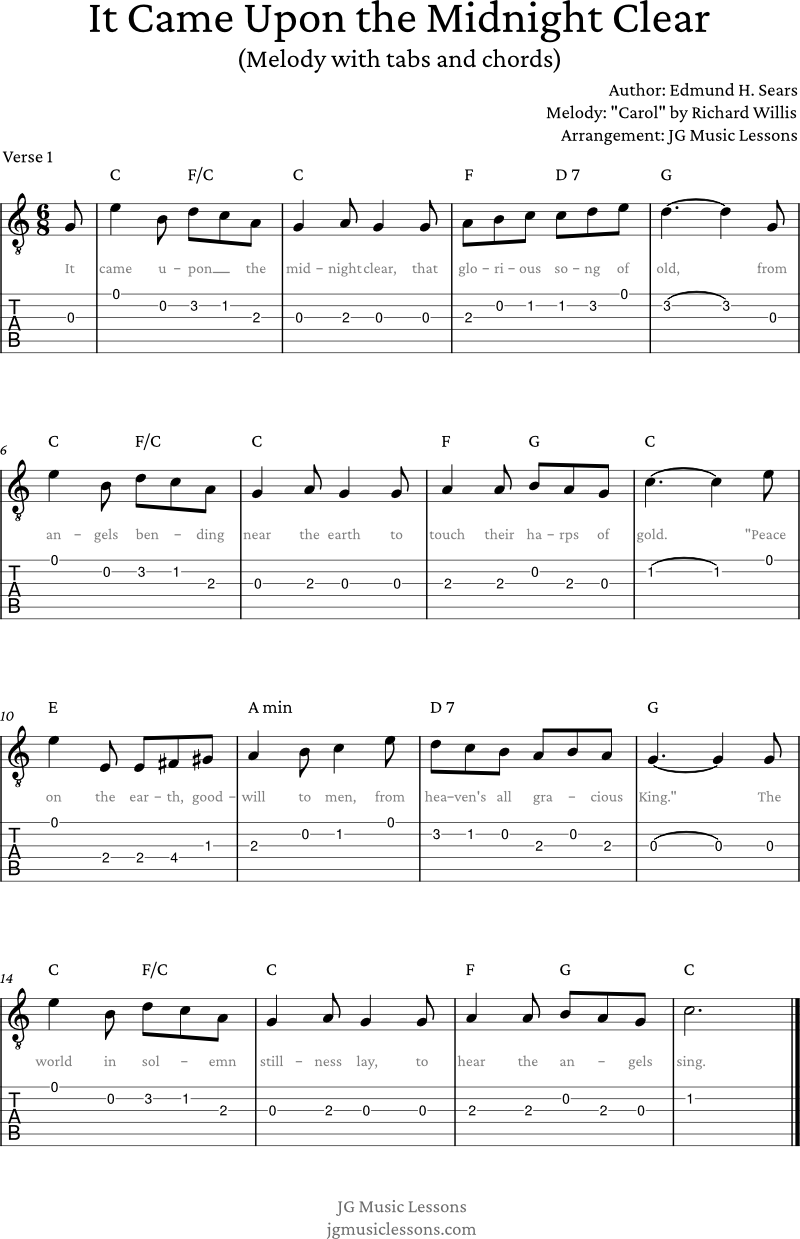 It Came Upon the Midnight Clear melody and chords with guitar tabs