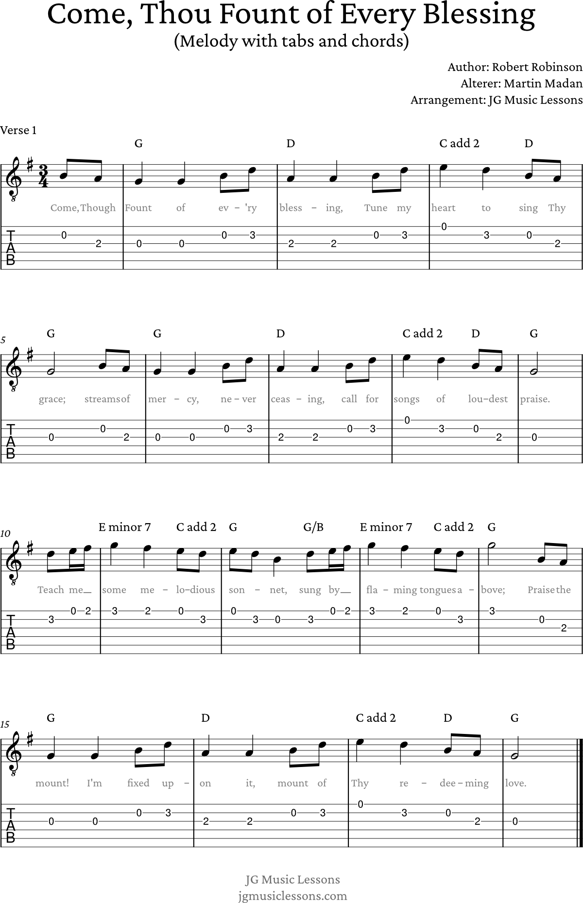 Come Thou Fount - guitar melody tabs