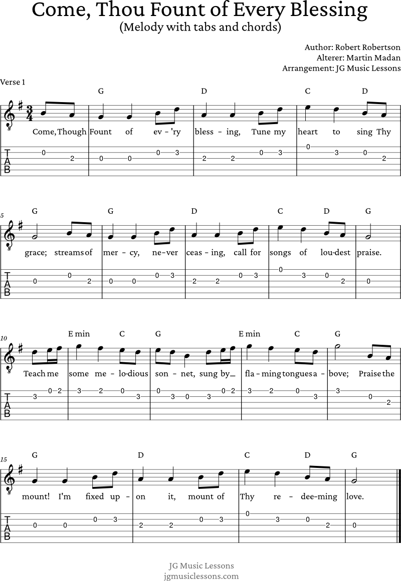 Come Thou Fount - melody and chords guitar tabs