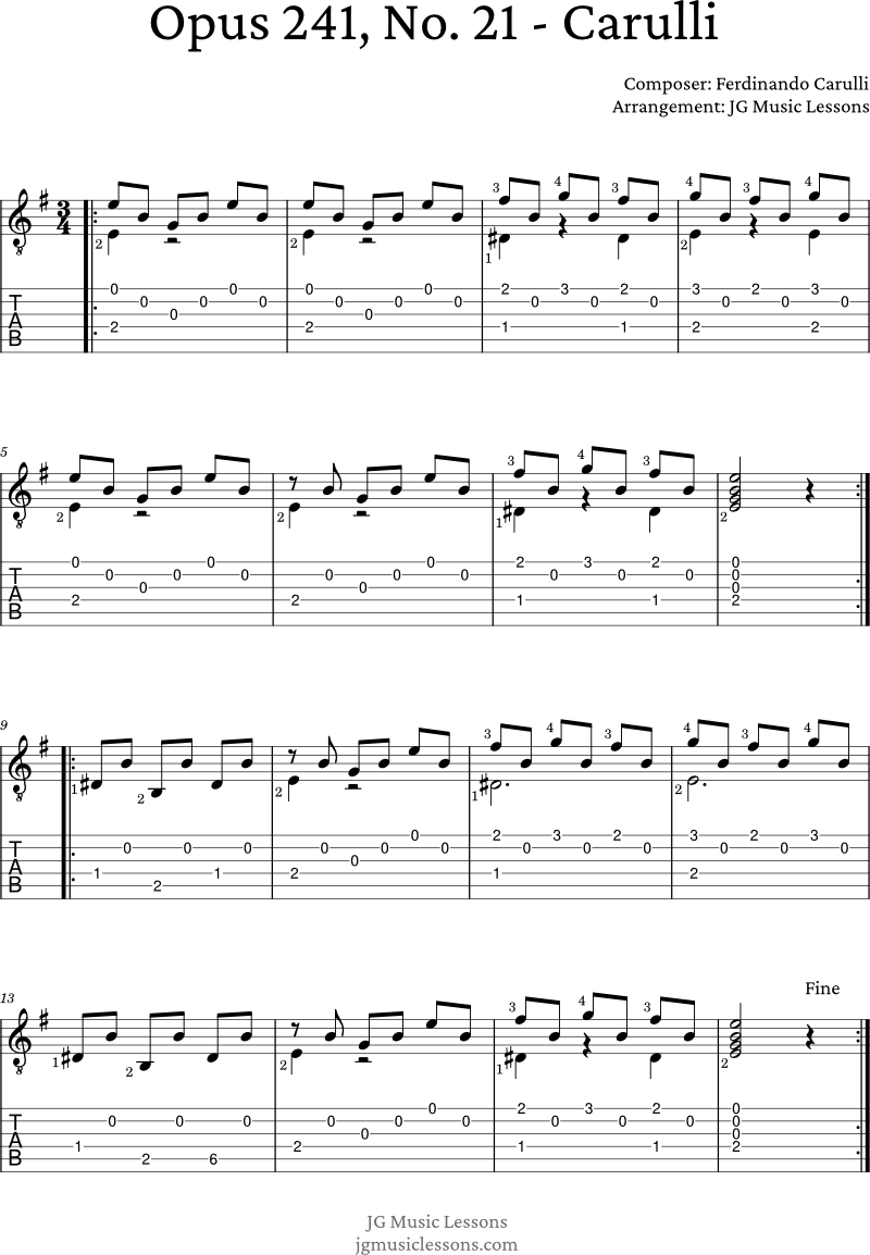 Opus 241, No. 21 Carulli guitar tabs page 1 