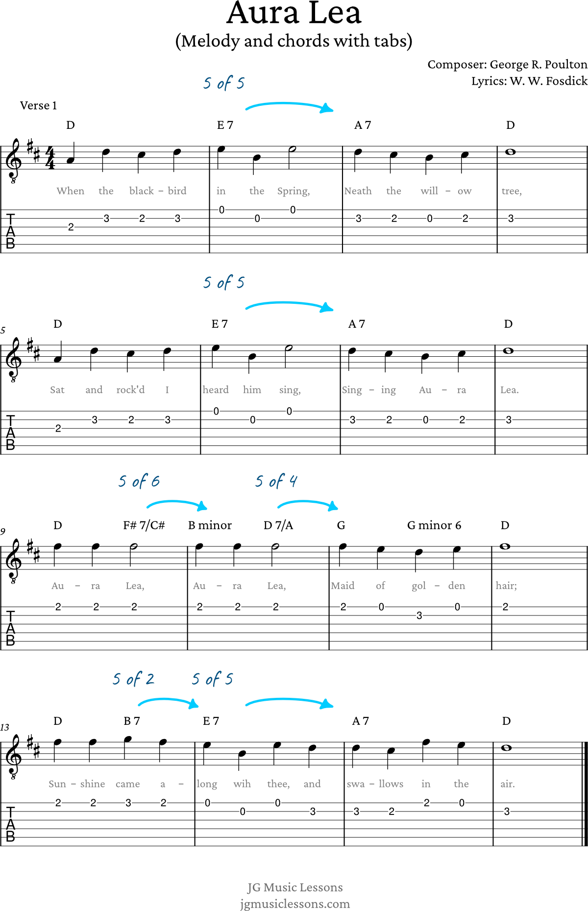 Aura Lea with secondary chords highlighted