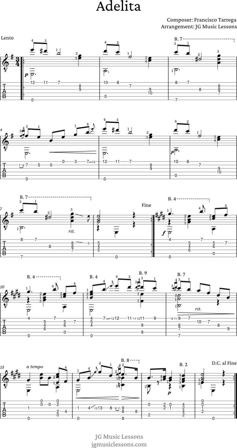 Adelita - Tarrega guitar tabs