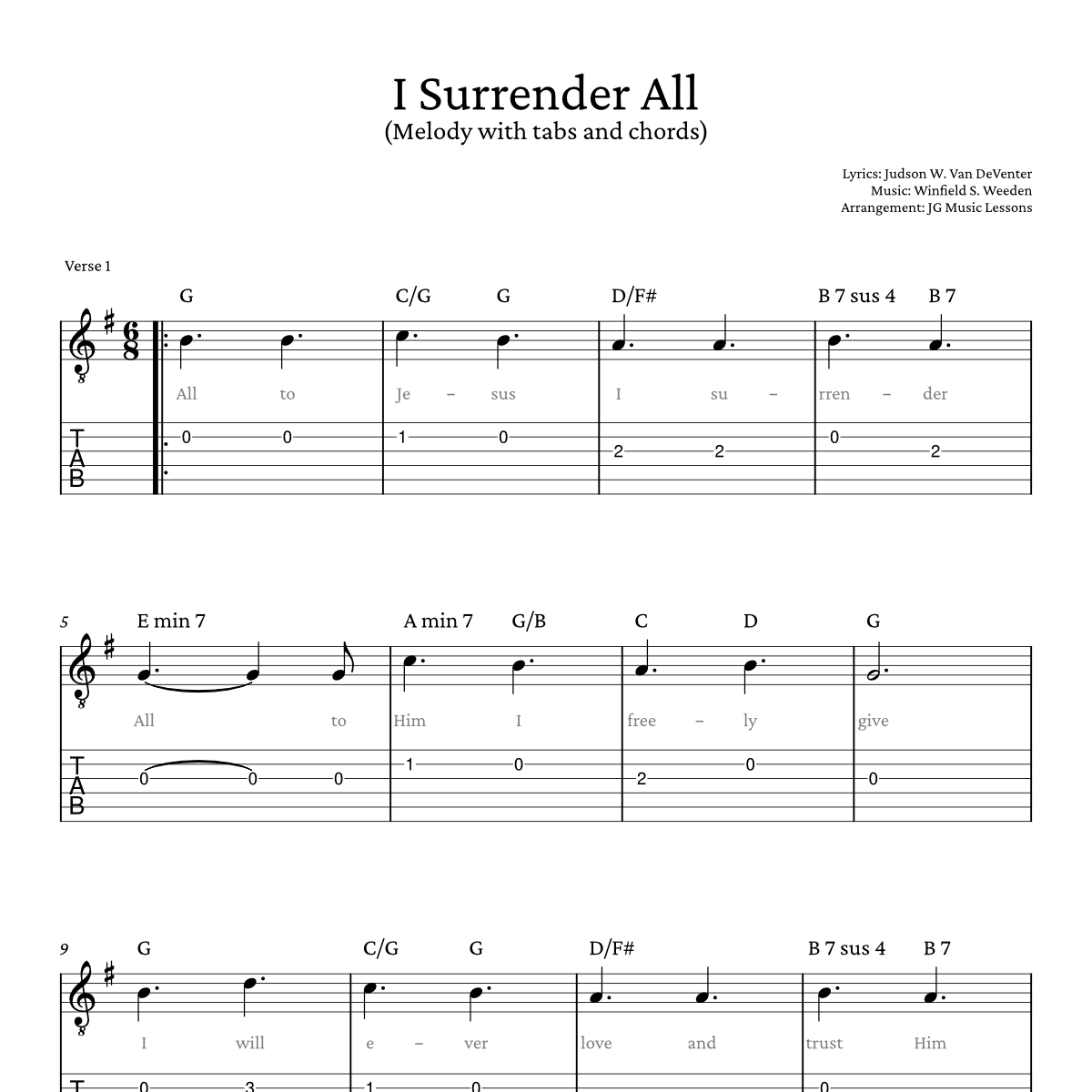 I Surrender all melody with tabs and chords preview