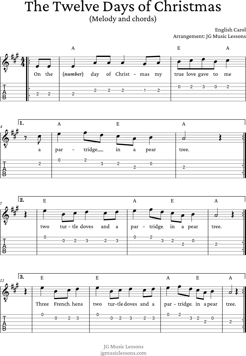 The Twelve Days of Christmas melody and chords page 1