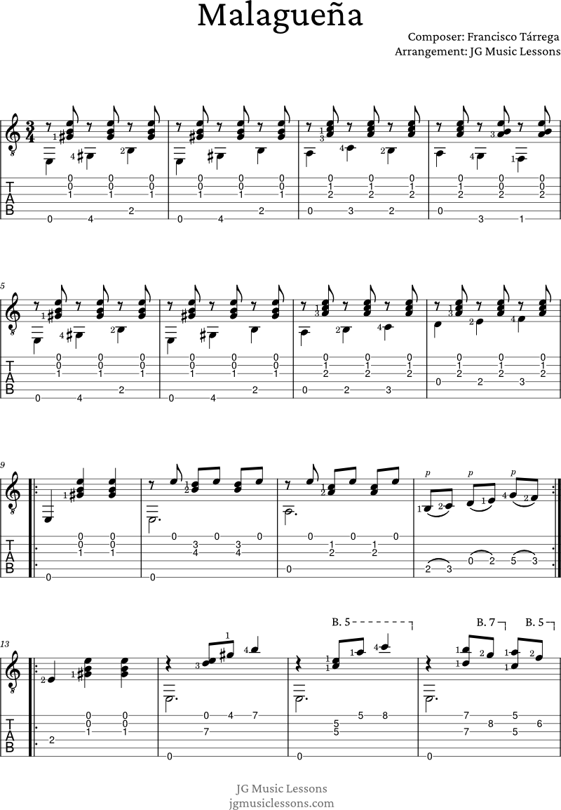 Malaguena by Tarrega guitar tabs 1