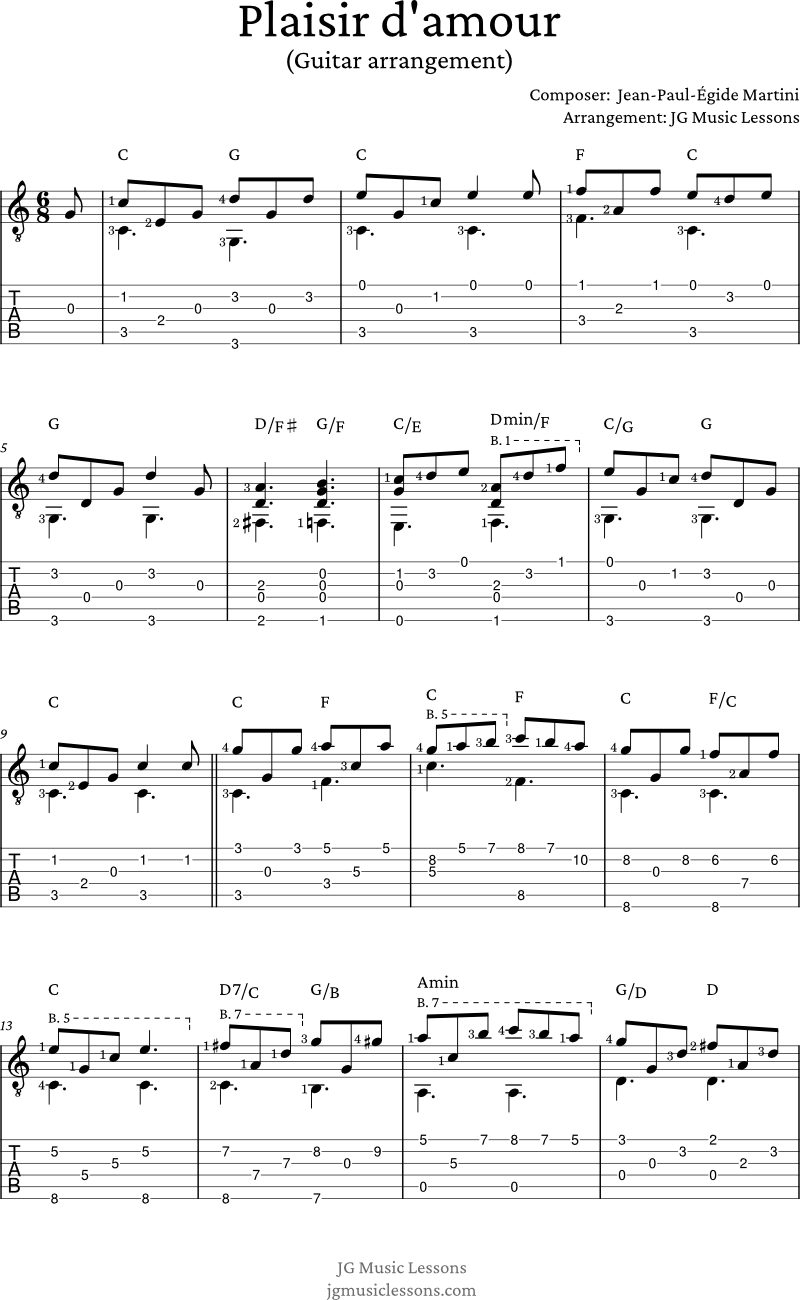 Plaisir d'amour guitar arrangement page 1