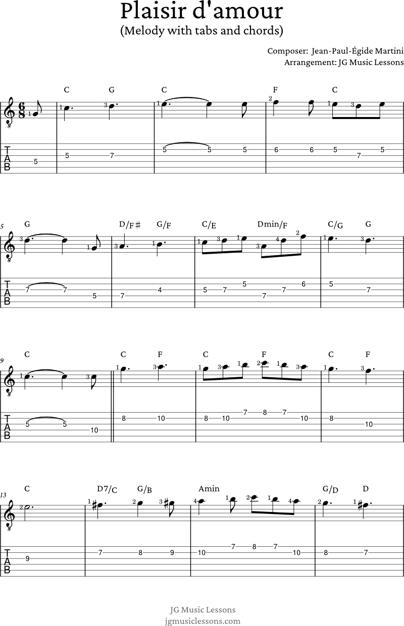 Plaisir d'amour guitar tabs melody and chords page 1