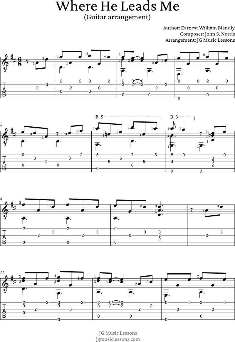 Where He Leads Me guitar arrangement page 1 