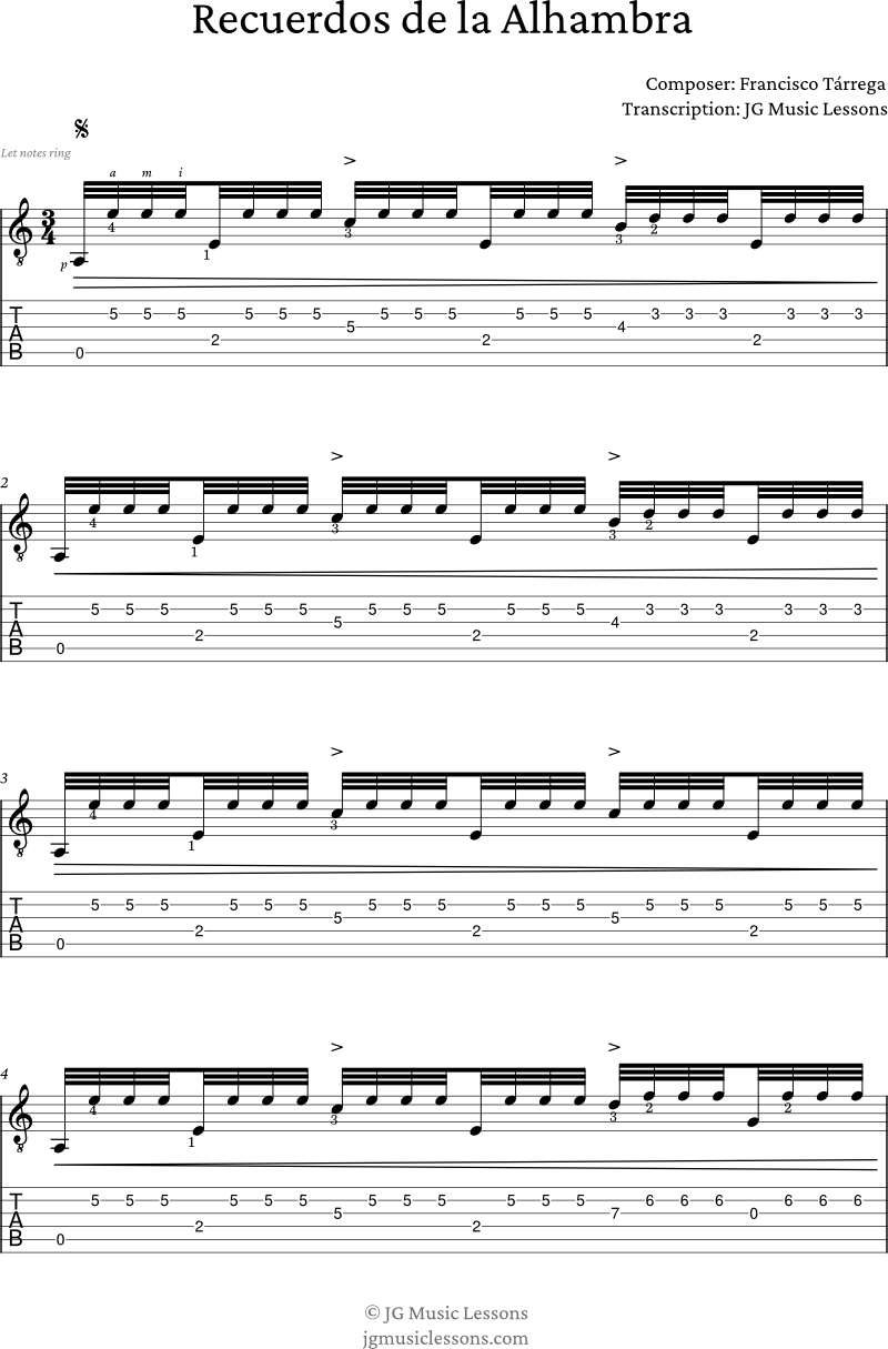 Recuerdos de la Alhambra Tarrega guitar tabs page 1