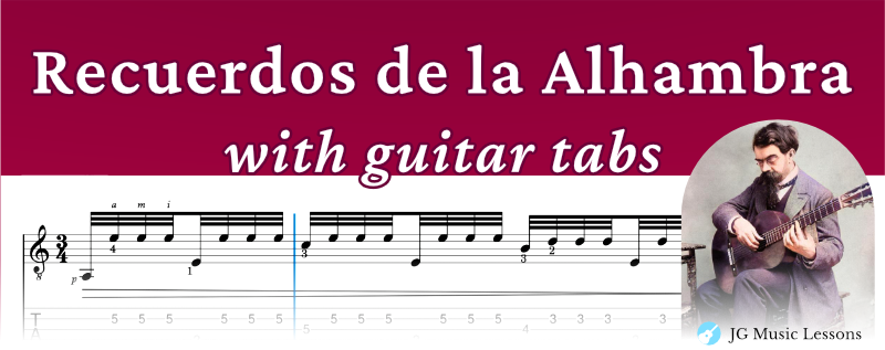 Recuerdos de la Alhambra by Tarrega guitar tabs banner