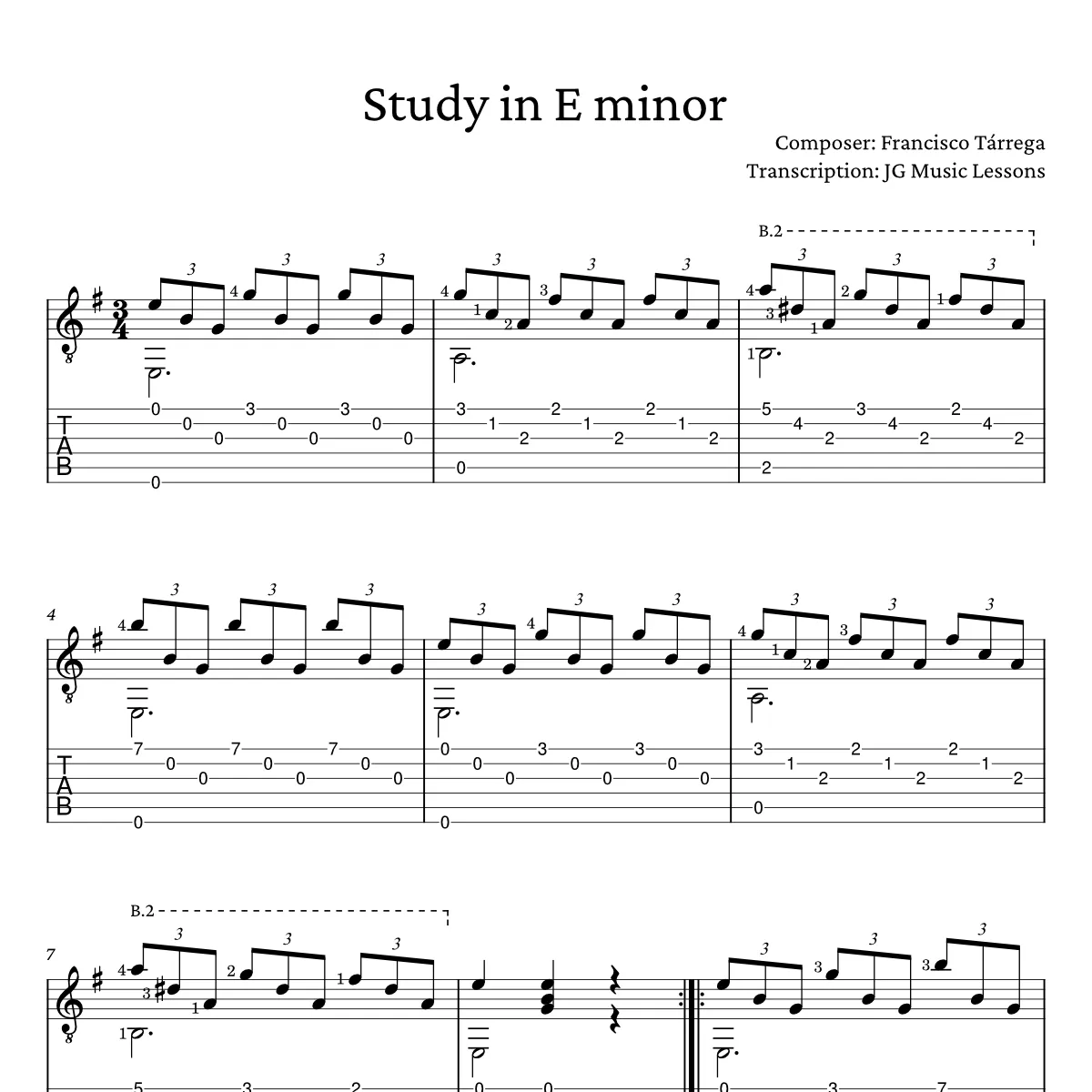Study in E minor - Tarrega guitar tabs preview