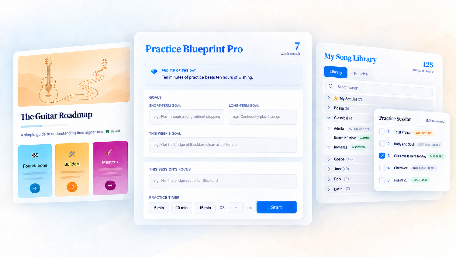 Preview of the Guitar Roadmap, Practice Blueprint Pro, and Song Library inside Pro Membership